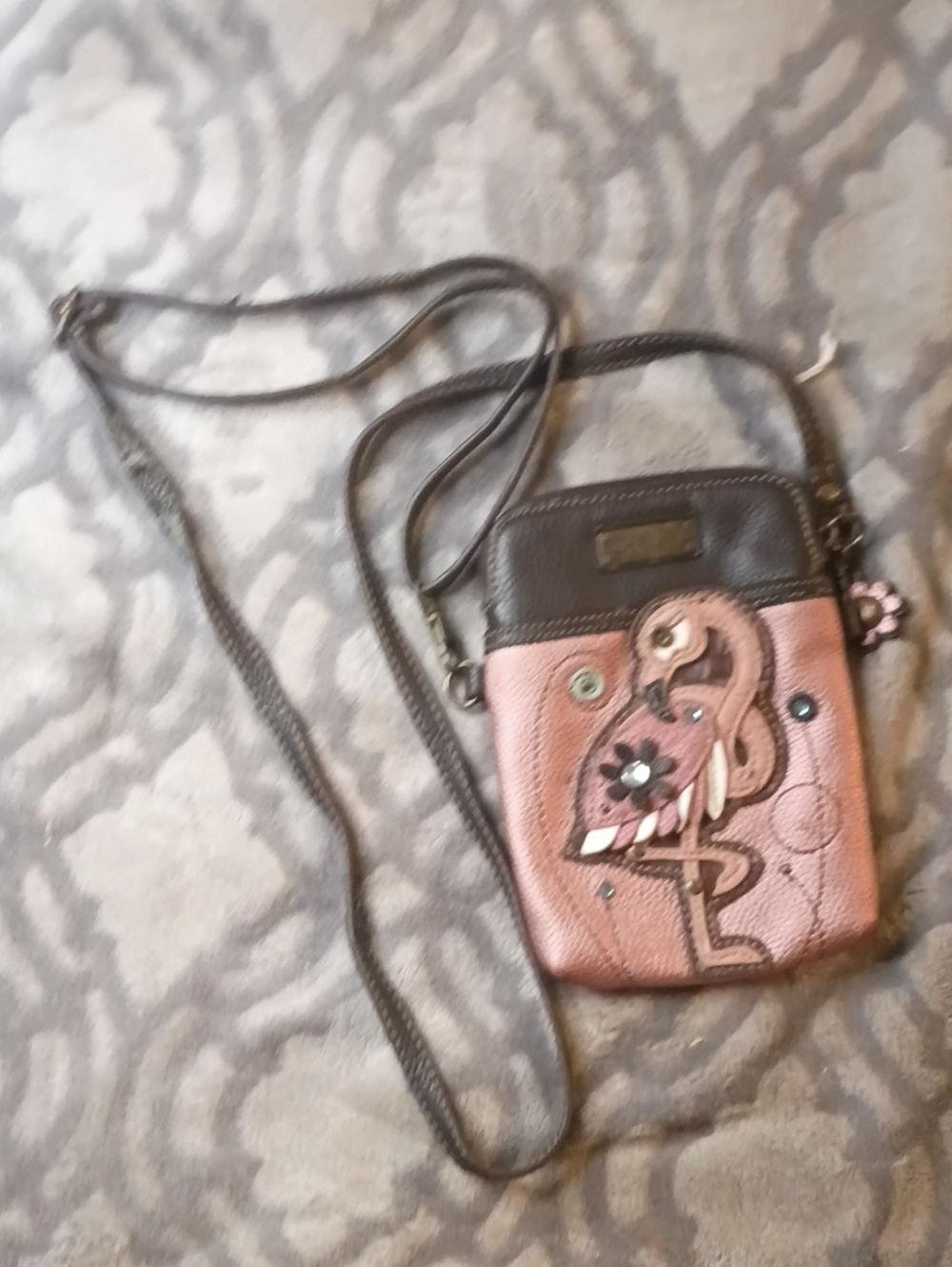 Chala Pink and Brown Floral Applique Crossbody Bag
